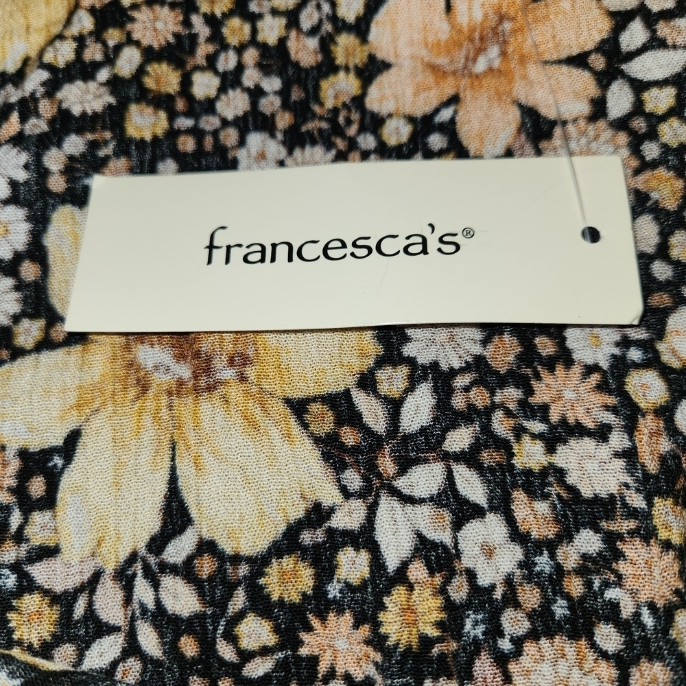 NWT Miami Yellow Brown & Black Floral Blouse Front Tie Size S Bell Long Sleeves - Picture 7 of 10